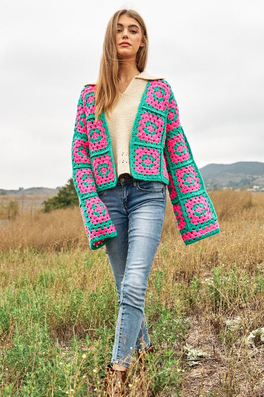 Davi & Dani Two-Tone Floral Square Crochet Open Knit Cardigan