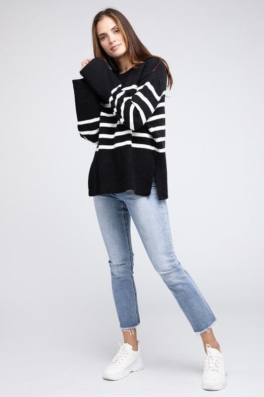 BiBi Oversized Ribbed Hem Stripe Sweater