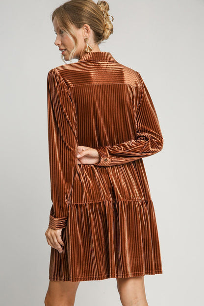 Umgee - Texture Tiered Collared Long Sleeve Dress