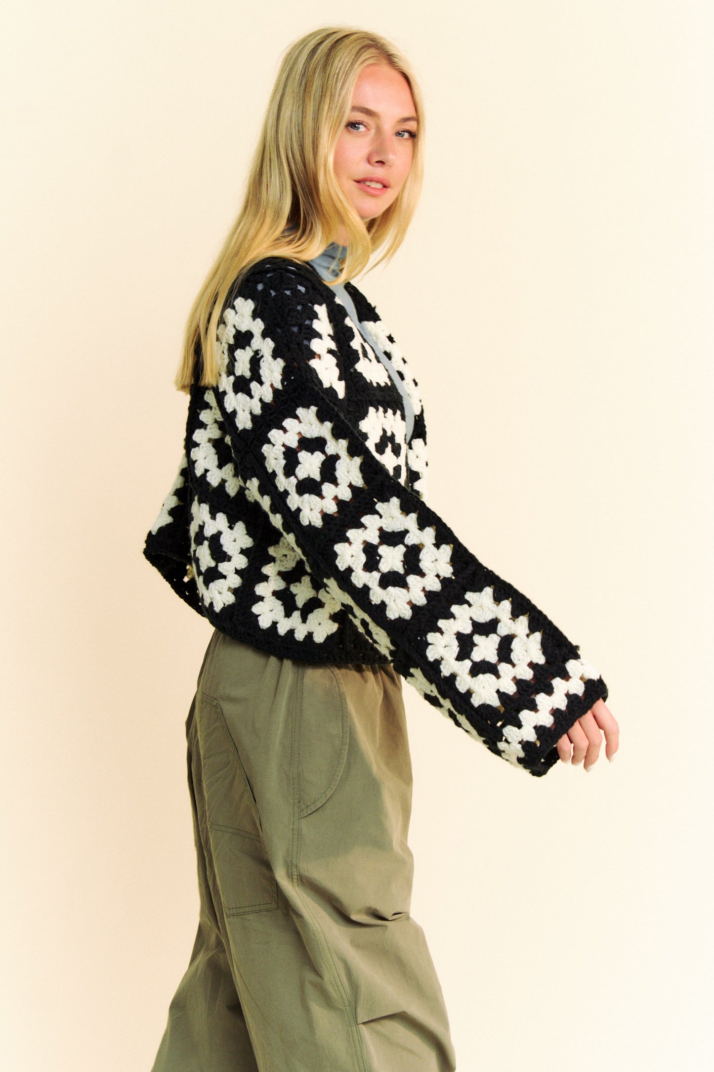 Davi & Dani - Full Size Two-Tone Flower Square Crochet Open Front Cardigan