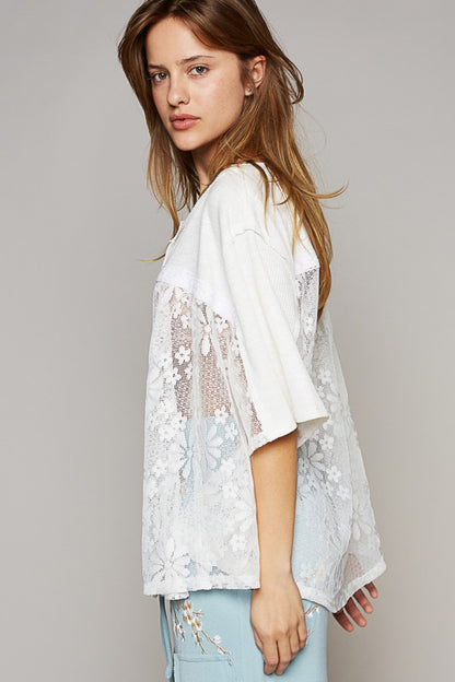 POL Short Sleeve Lace Contrast Top