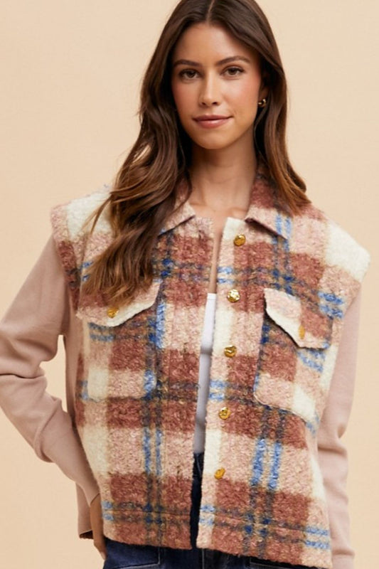 Annie Wear - Faux Fur Plaid Button Up Jacket