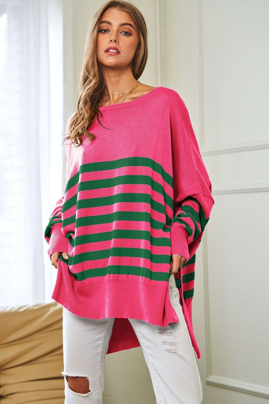 Davi & Dani Loose Fit Multi Striped Elbow Patch Sweater