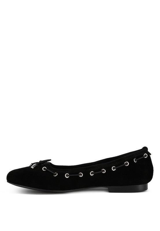 SPARROW Micro Suede Eyelet Detail Bow Ballerinas