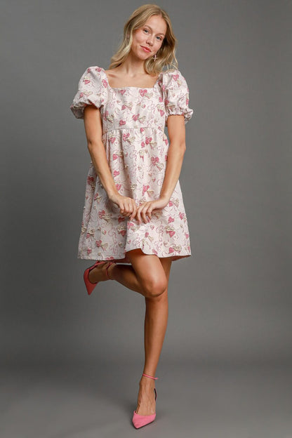 Umgee - Heart Jacquard Square Neck Puff Sleeve Mini Dress