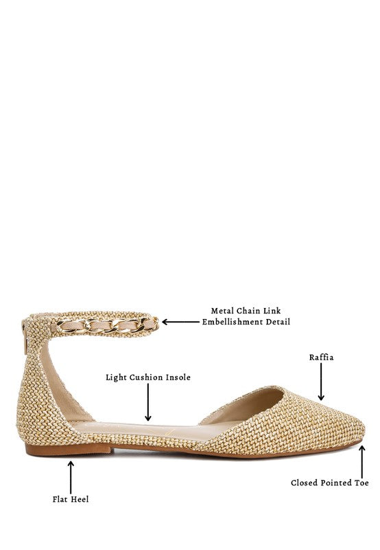 BUQISI Chain Embellished Flat Raffia Sandals