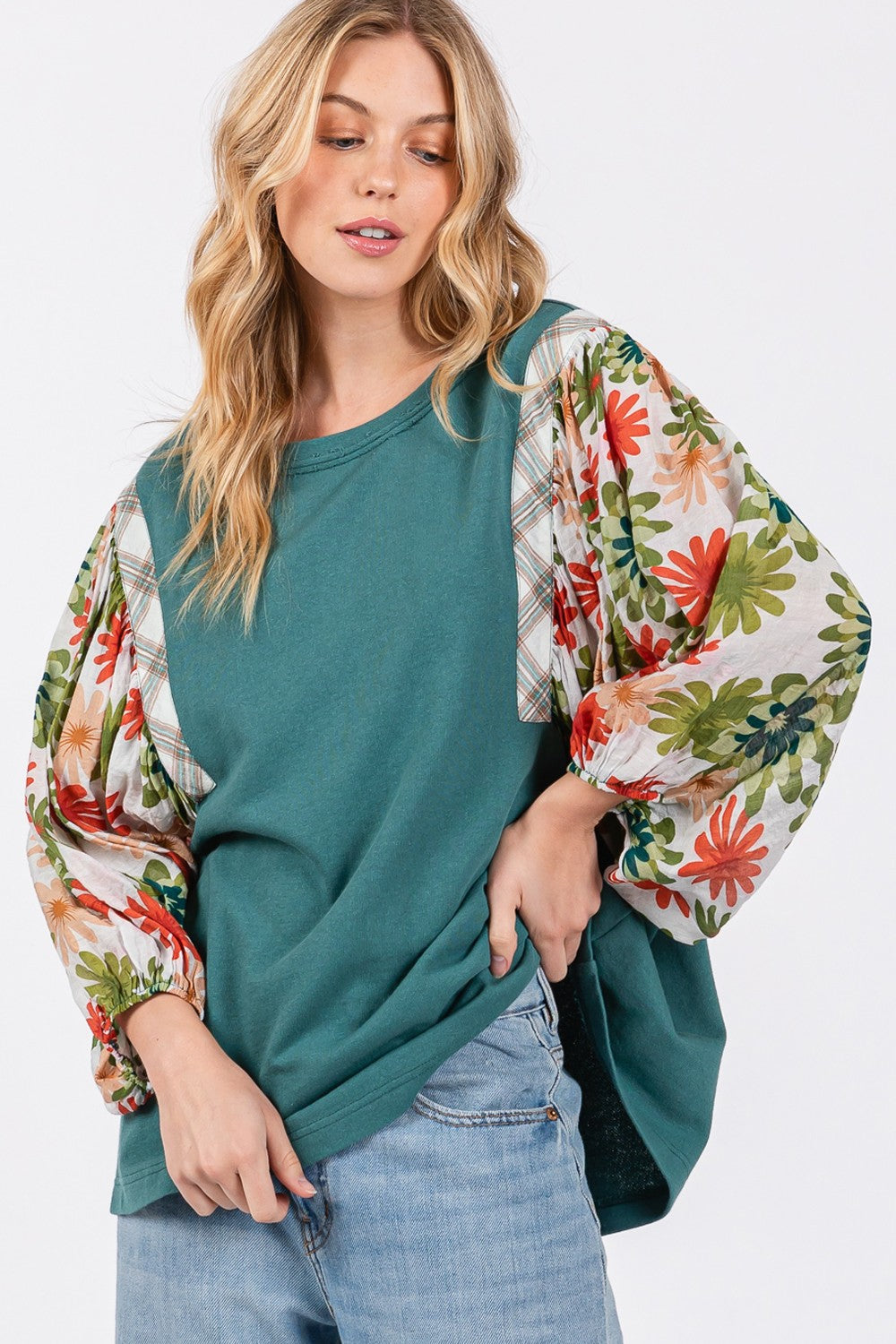 SAGE+FIG Full Size Printed Balloon Sleeve Contrast Top