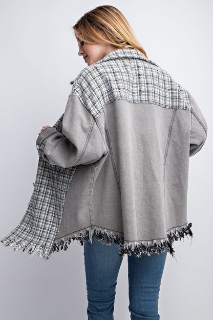 Sweet Generis - Tweed Mixed Denim Shacket with Fringed Hem