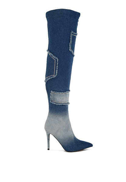 EILISH Rhinestone Knee - High Denim Boots