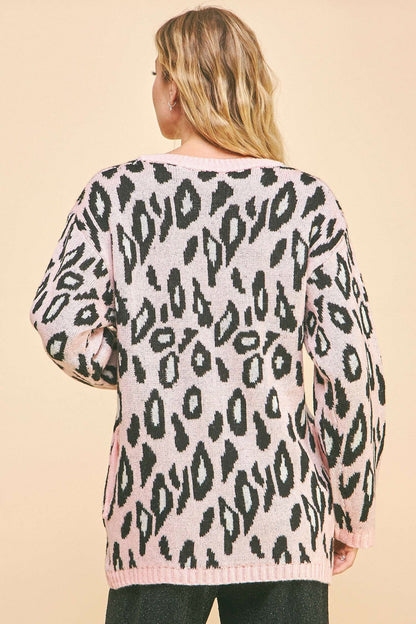 Davi & Dani - Leopard Ribbon Tie Front Loose Fit Cardigan