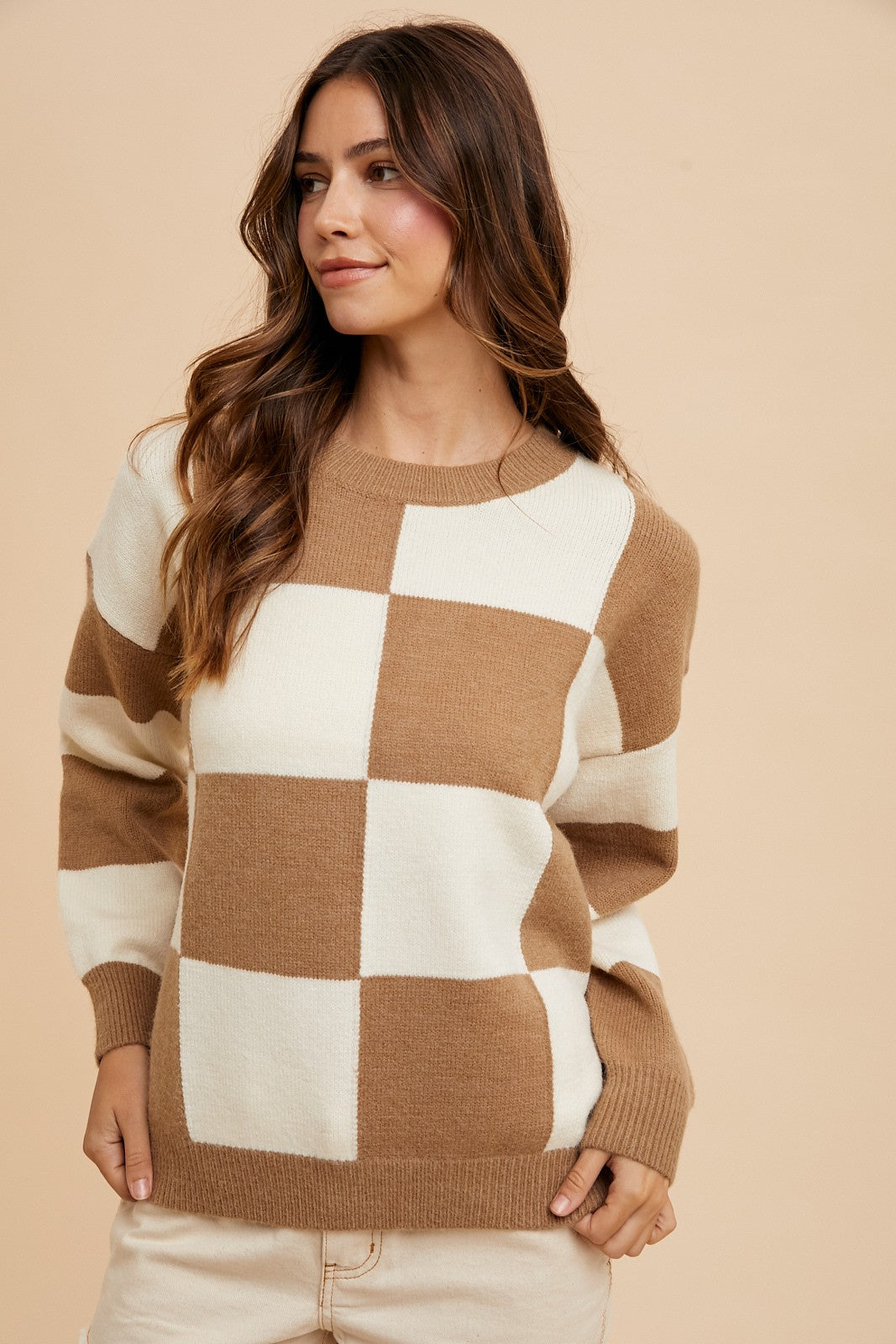 Annie Wear - Checkered Round Neck Dropped Shoulder Sweater