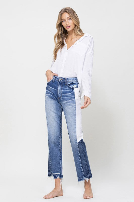 Super High Rise Straight Jeans w/Side Blocking Panel