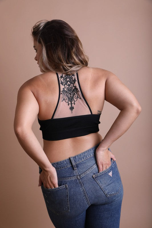 Plus Size - Tattoo Mesh Racerback Bralette