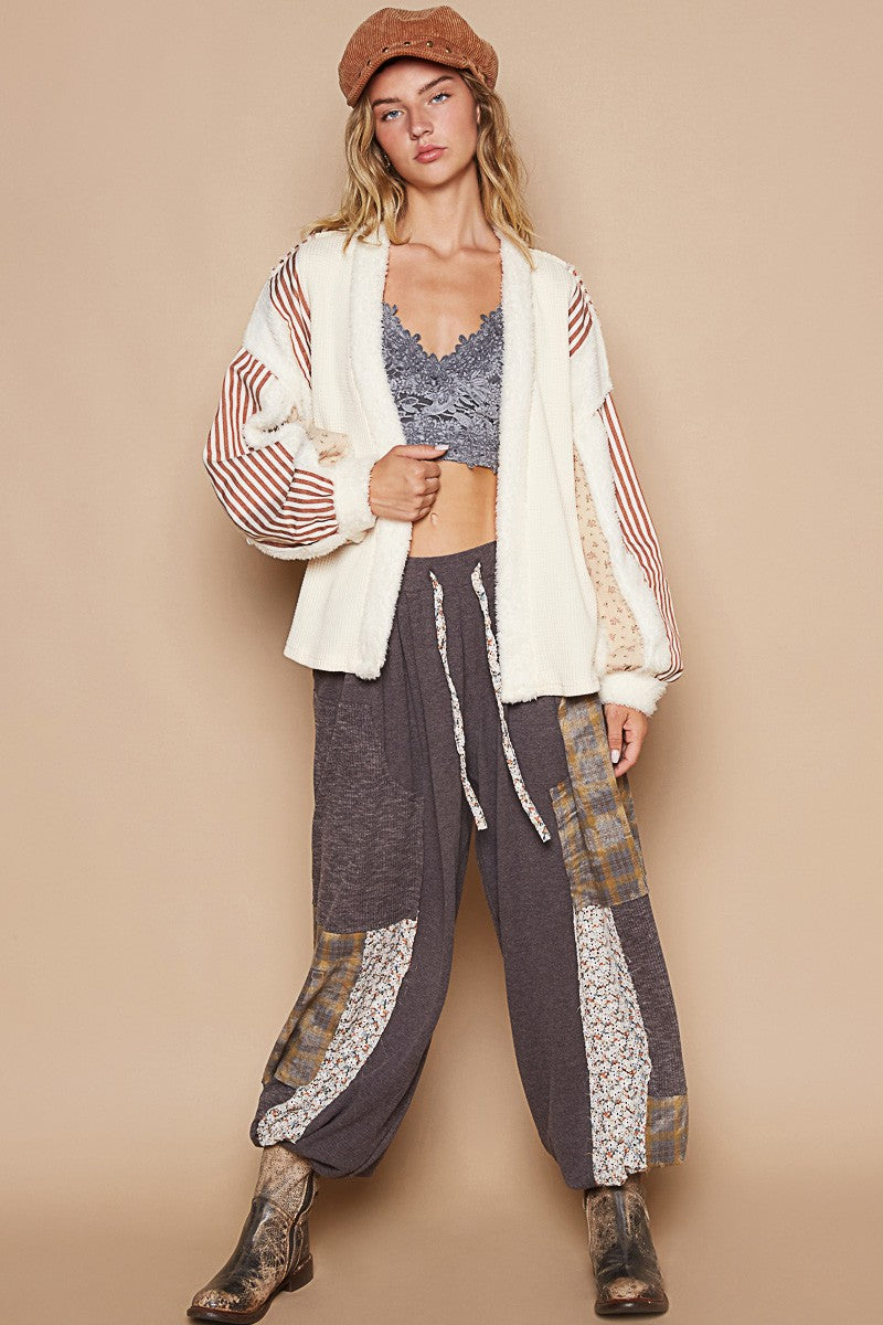 POL Open Front Waffle Knit Fleece Mix Cardigan