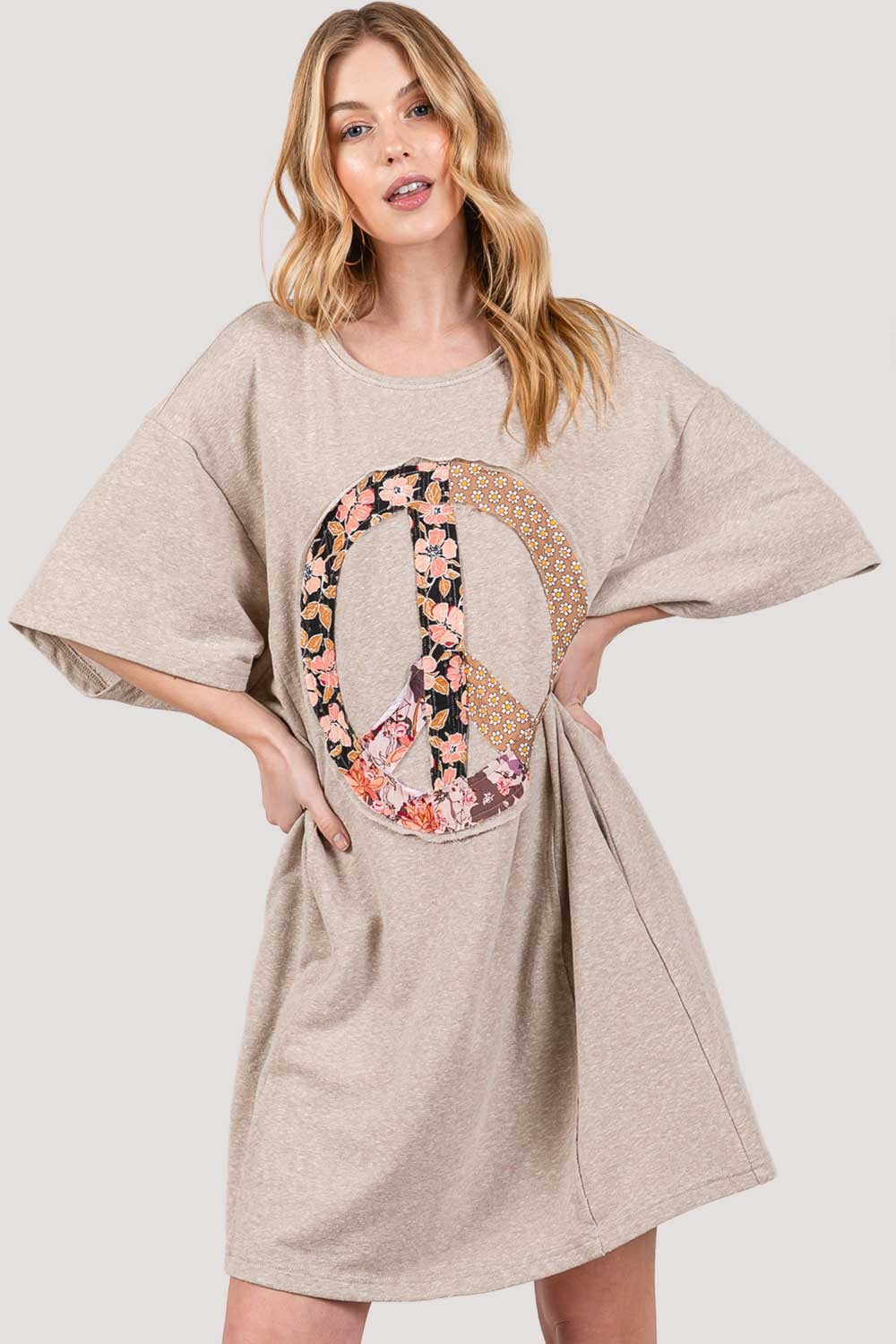 SAGE+FIG Full Size Peace Sign Applique Tee Dress