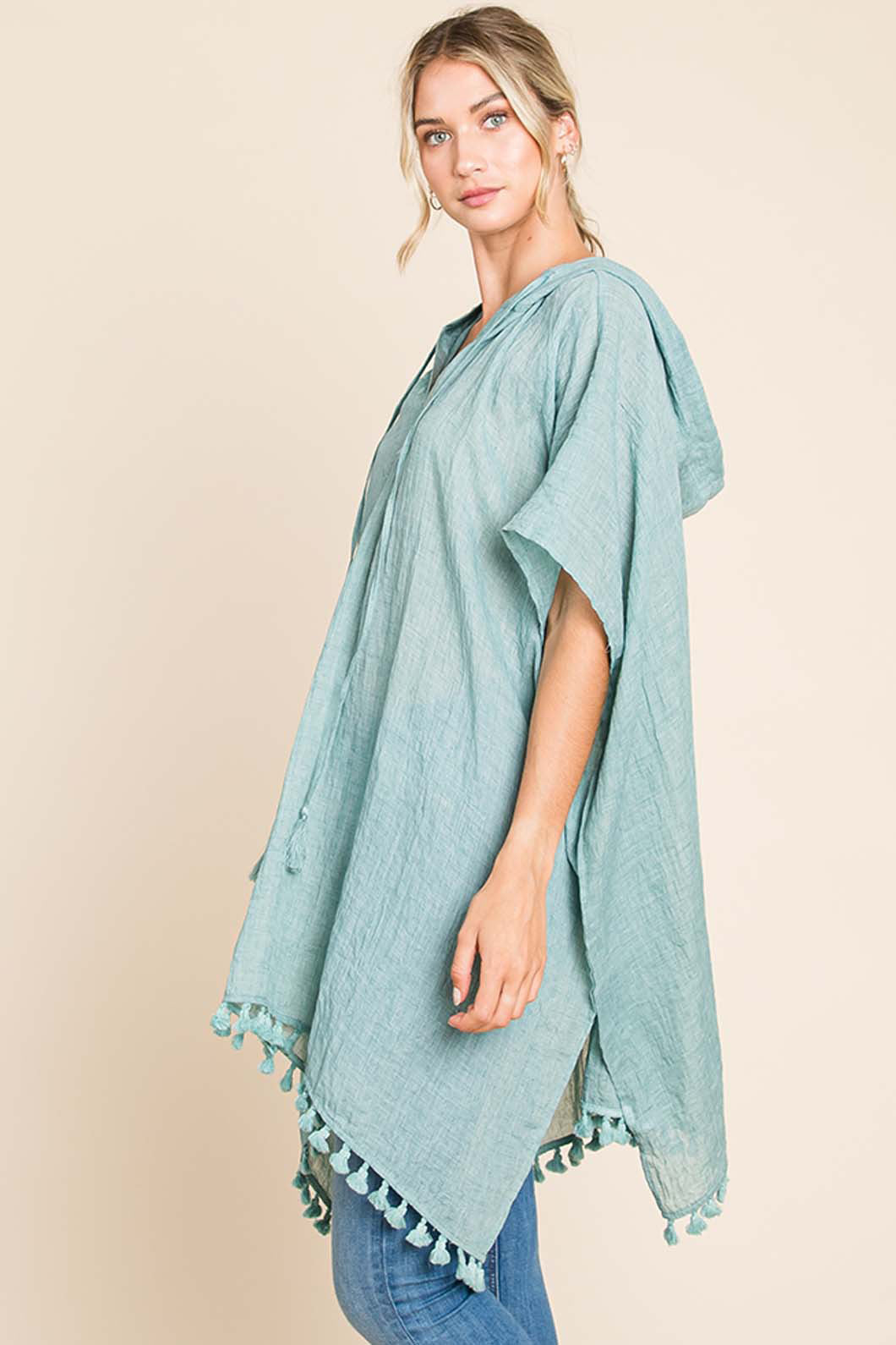 Cotton Bleu Tassel Hem Hooded Cover Up