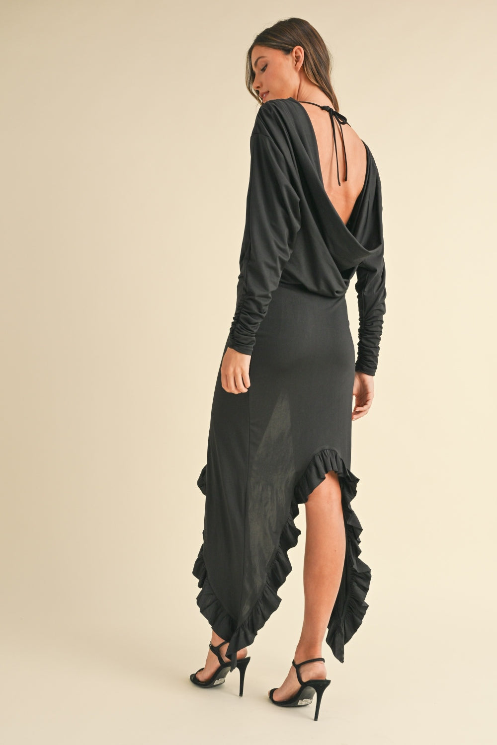 MABLE Backless Asymmetric Ruffle Hem Dress