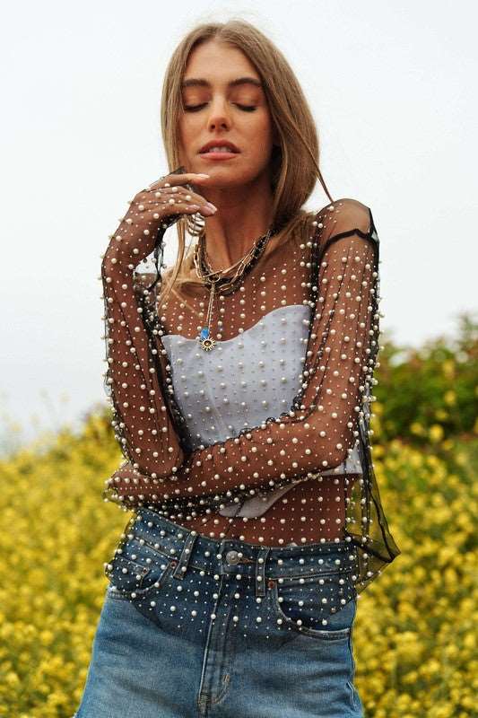 Bead and Pearl Embellished Mesh Top