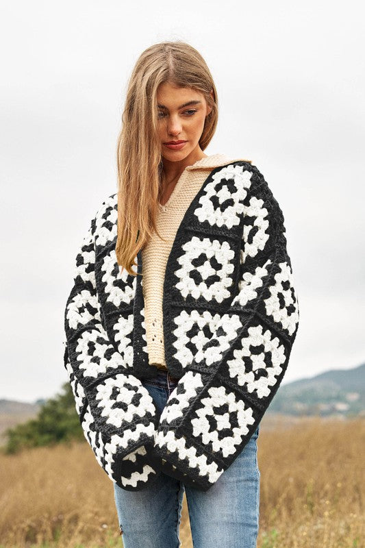 Davi & Dani Two-Tone Floral Square Crochet Open Knit Cardigan