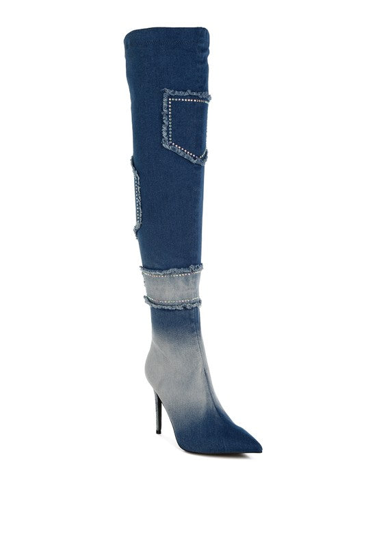 EILISH Rhinestone Knee - High Denim Boots