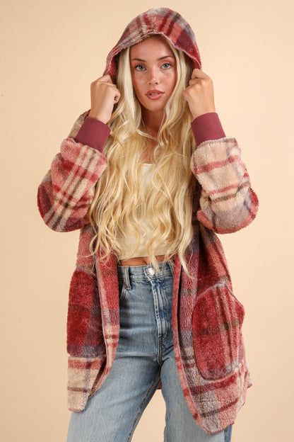 VERY J Fuzzy Plaid Lightweight Hooded Jacket