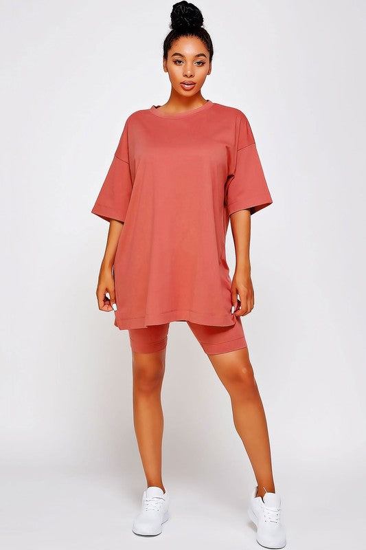 Sweet Generis - Oversized Knit Shirt and Casual Biker Shorts Set