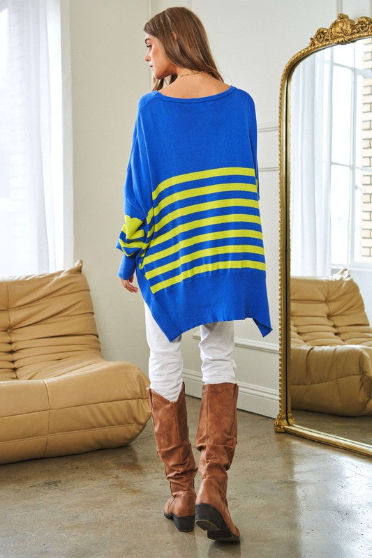 Davi & Dani Loose Fit Multi Striped Elbow Patch Sweater