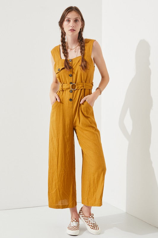 Jade By Jane Plus Size - Square Neck Button-Down Ankle Jumpsuit