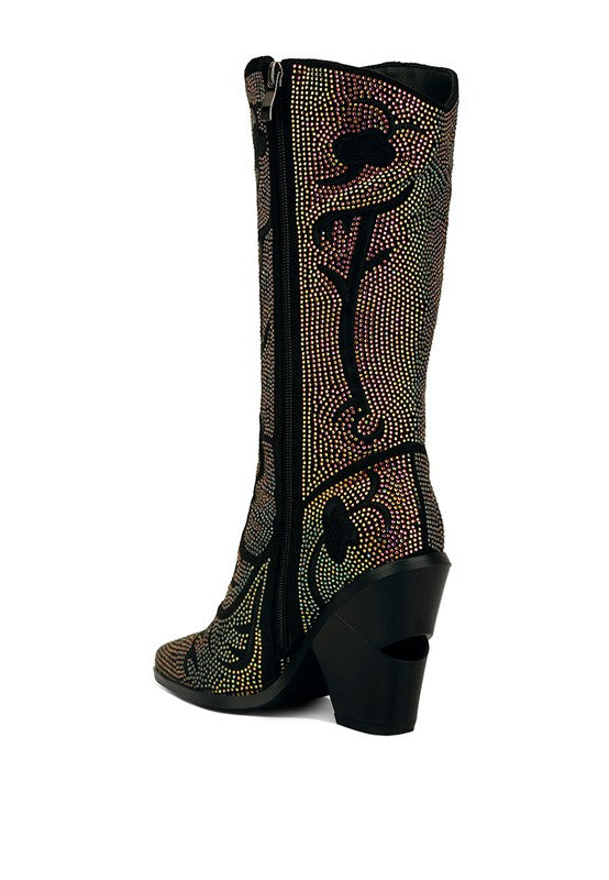 GLIMMER Embroidered Rhinestone Calf Boots