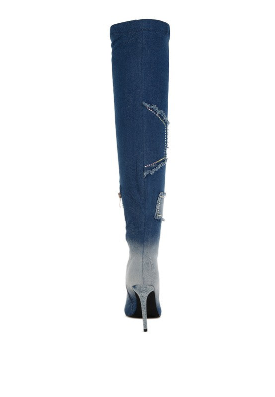 EILISH Rhinestone Knee - High Denim Boots