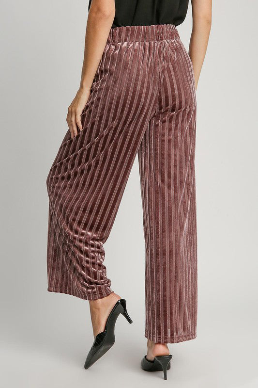 Umgee - Full Size Elastic Waist Striped Wide Leg Velvet Pants