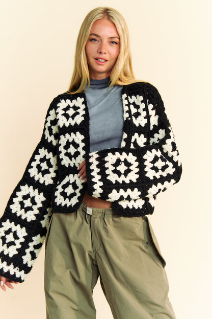 Davi & Dani - Full Size Two-Tone Flower Square Crochet Open Front Cardigan