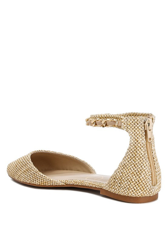 BUQISI Chain Embellished Flat Raffia Sandals