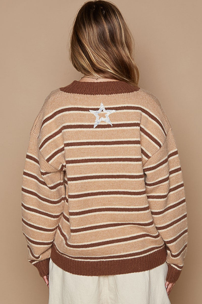 POL Floral Star Patch Striped Sweater