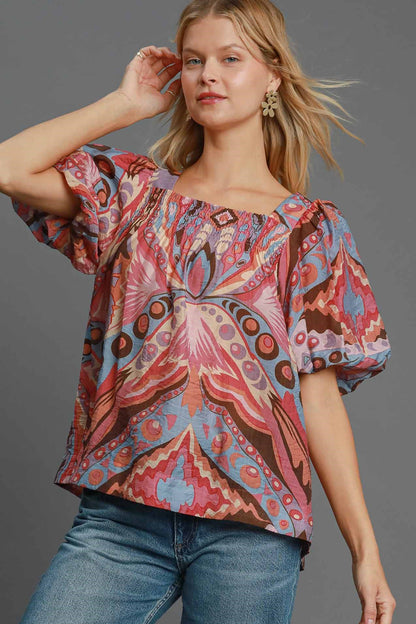 Umgee - Full Size Abstract Print Smocked Square Neck Puff Sleeve Blouse