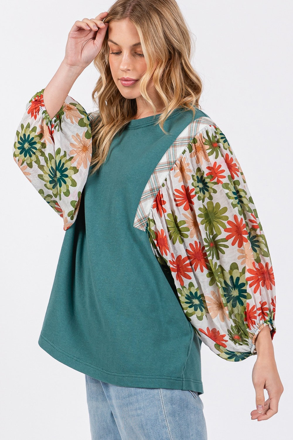 SAGE+FIG Full Size Printed Balloon Sleeve Contrast Top