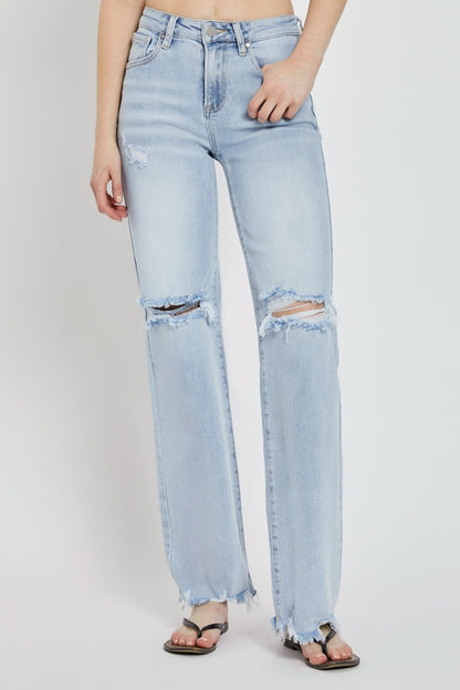 Risen- Full Size High Rise Distressed Wide Leg Jeans