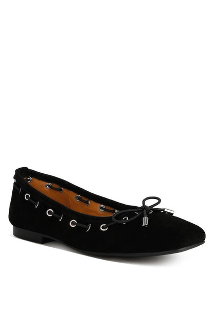 SPARROW Micro Suede Eyelet Detail Bow Ballerinas