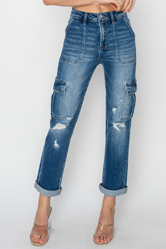 RISEN - Full Size High Rise Cargo Ankle Roll Up Straight Jeans