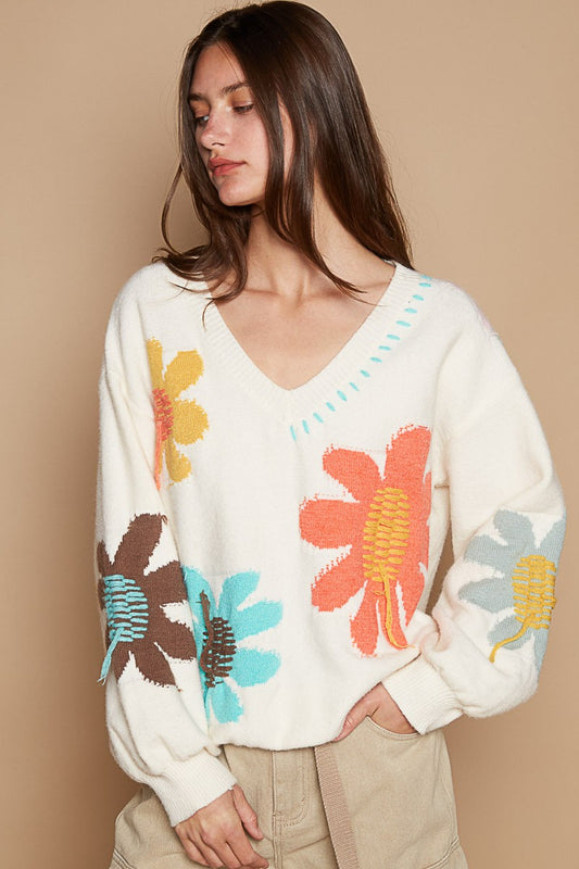 POL - V-Neck Long Sleeve Flower Fringe Sweater