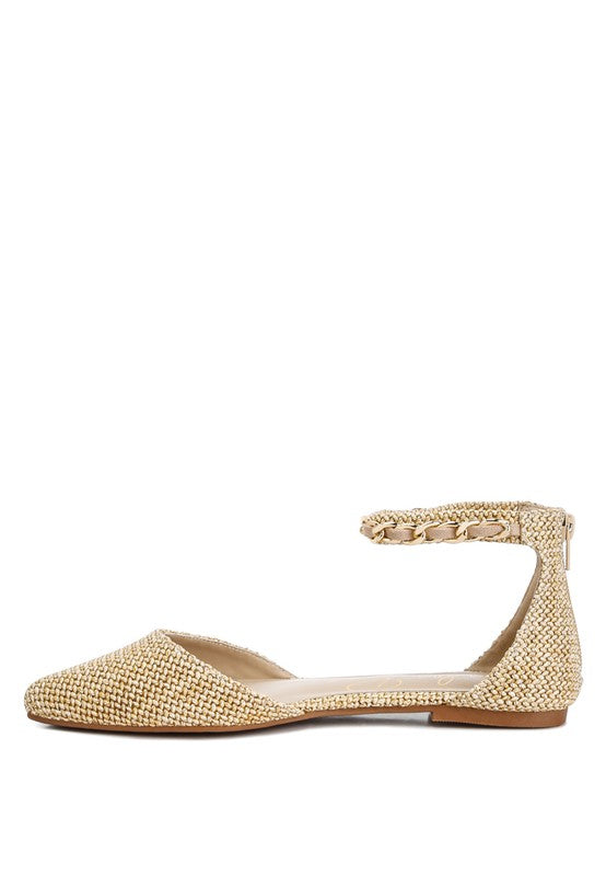 BUQISI Chain Embellished Flat Raffia Sandals