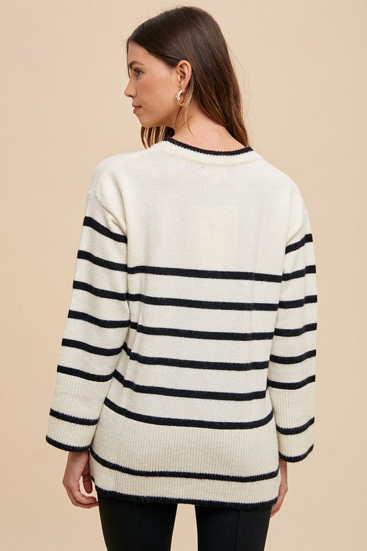 Annie Wear - Side Slit Striped Round Neck Sweater