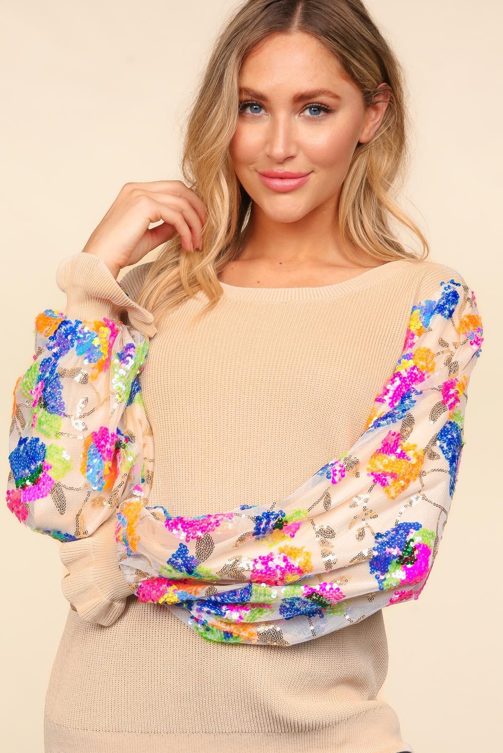 Haptics Floral Sequins Mesh Flounce Sleeve Sweater