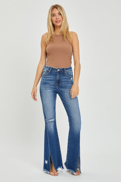 RISEN - Full Size Front Slit Frayed Hem Flare Jeans