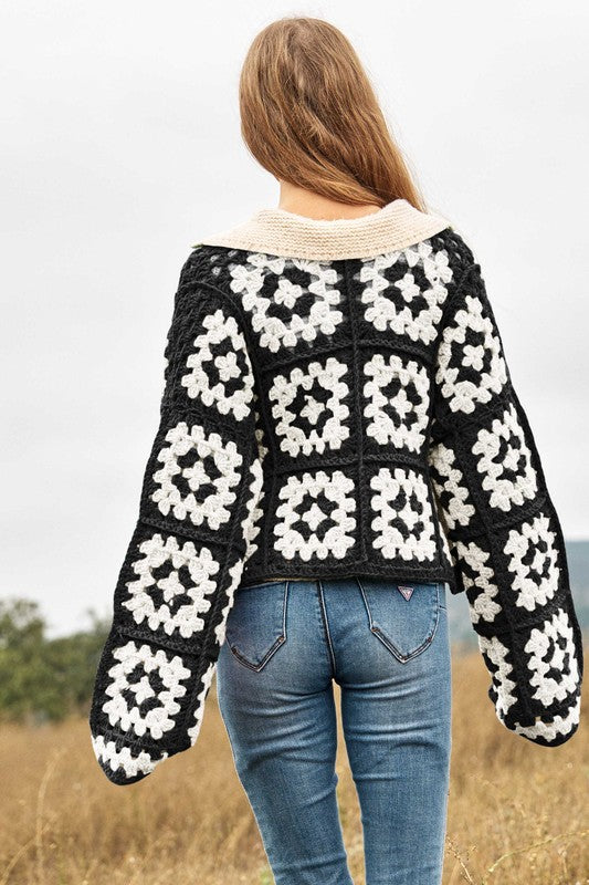 Davi & Dani Two-Tone Floral Square Crochet Open Knit Cardigan