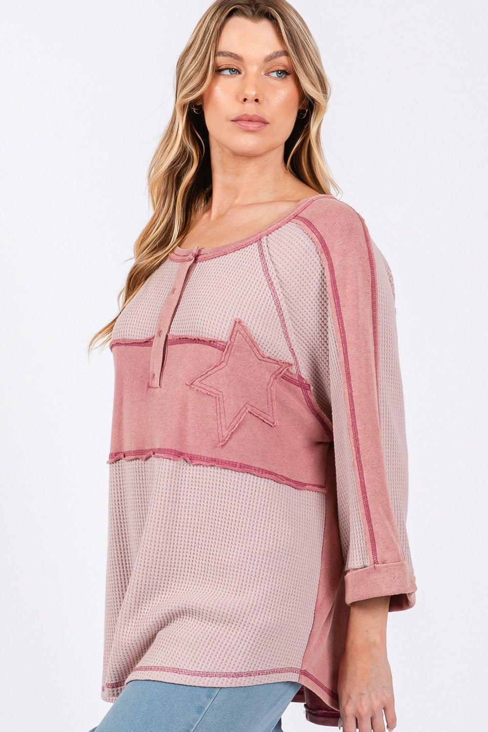 SAGE + FIG Star Applique Patch Waffle Knit Top