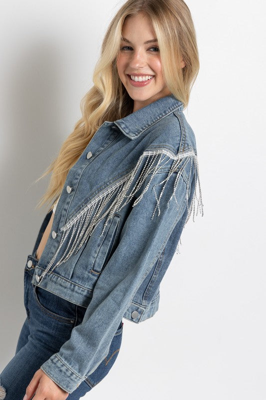 Sweet Generis Crop Denim Jacket with Rhinestone Fringe