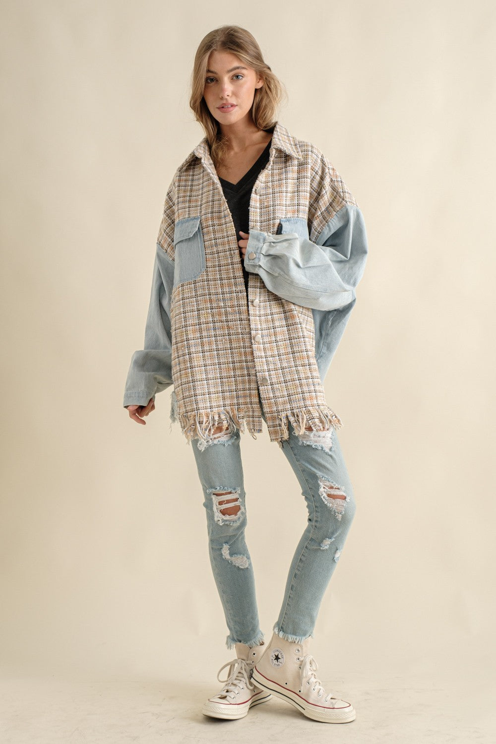 Sweet Generis - Tweed Mixed Denim Shacket with Fringed Hem