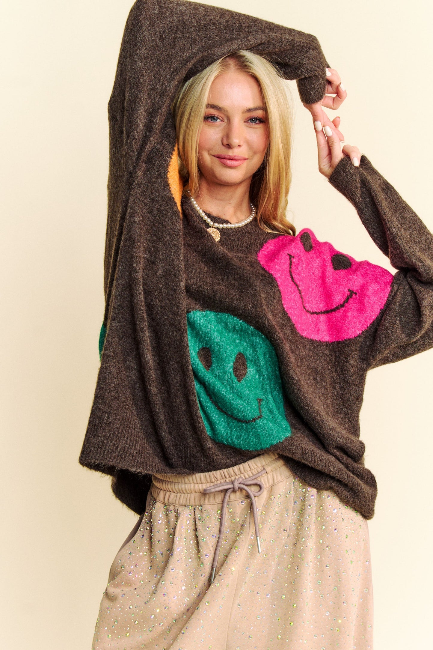 Davi & Dani - Contrast Smile Round Neck Oversize Sweater