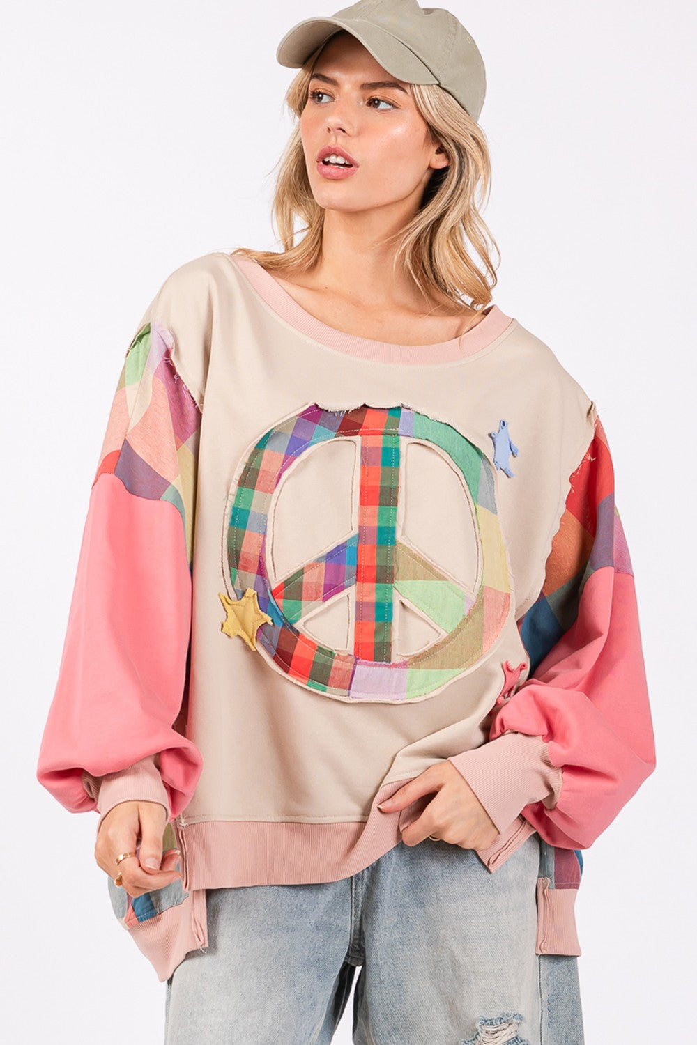 SAGE + FIG - Full Size Contrast Peace Patch Dropped Shoulder Sweatshirt